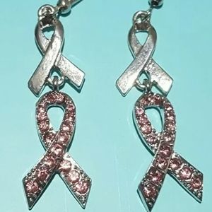 PINK RIBBON Silver Tone Pink Crystal Earrings